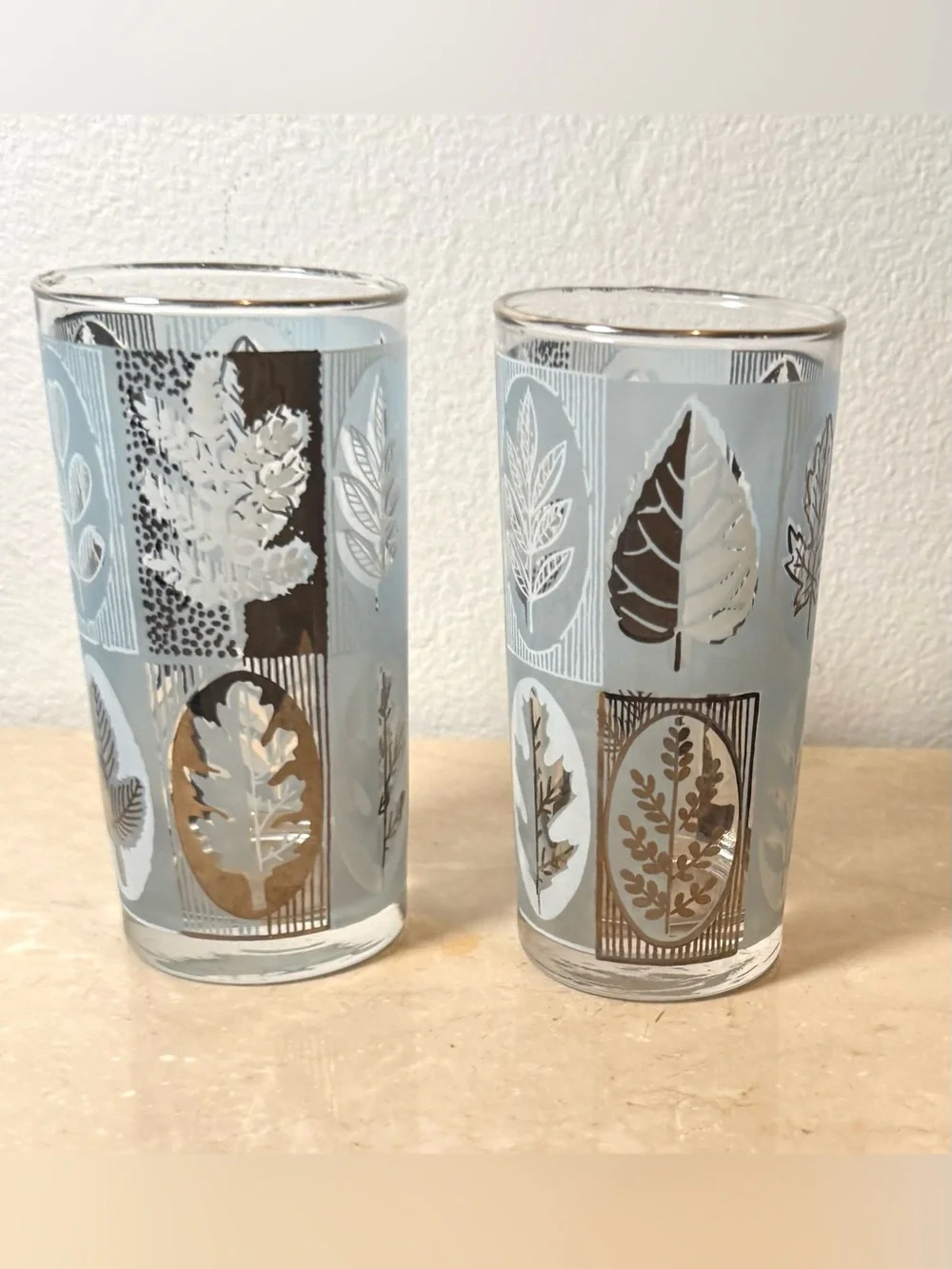 2 MCM Libbey Riviera Highball, Blue Frosted Silver Leaf Foliage Cocktail glasses
